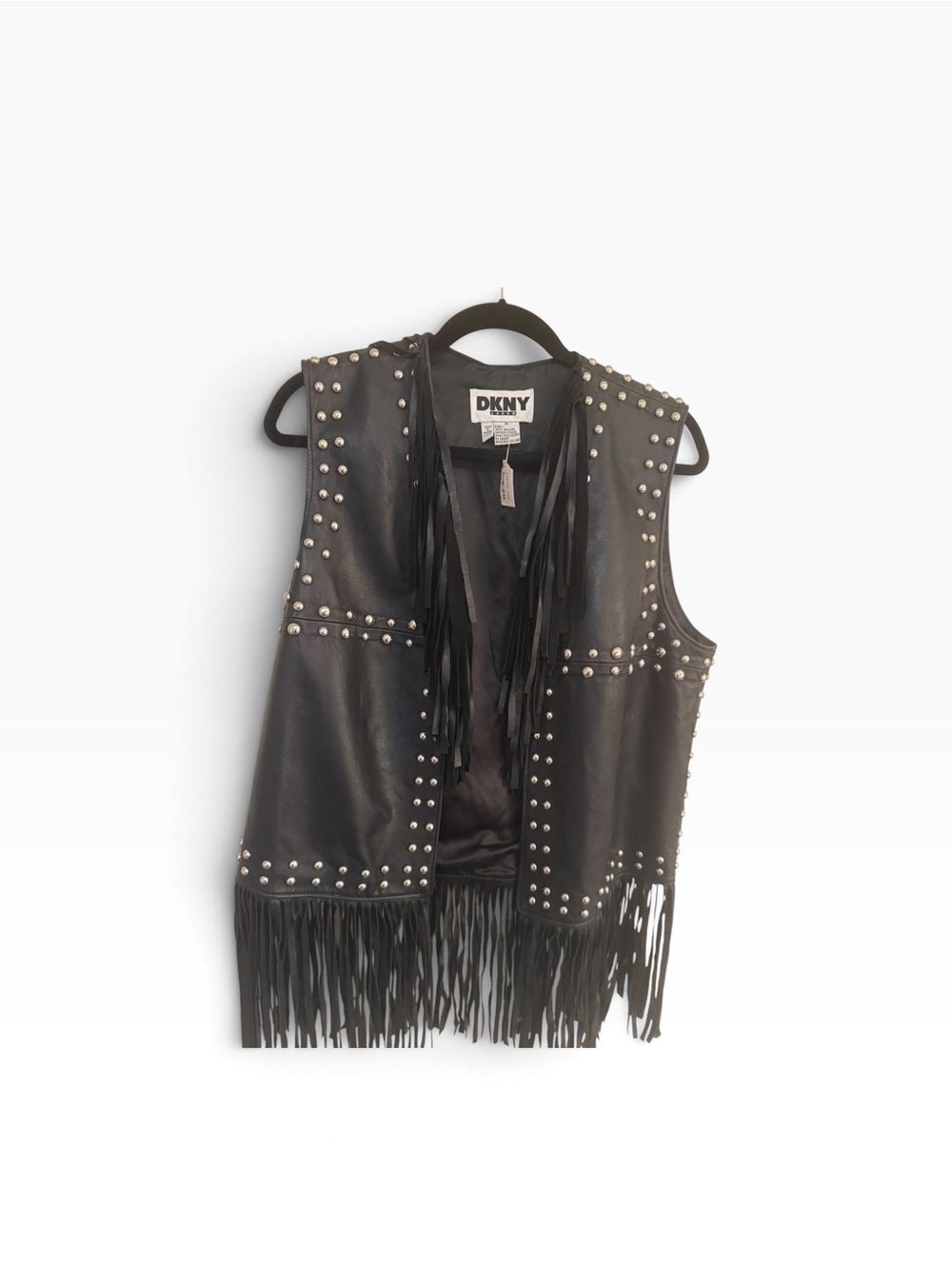 DKNY vintage leather black studded fringe vest